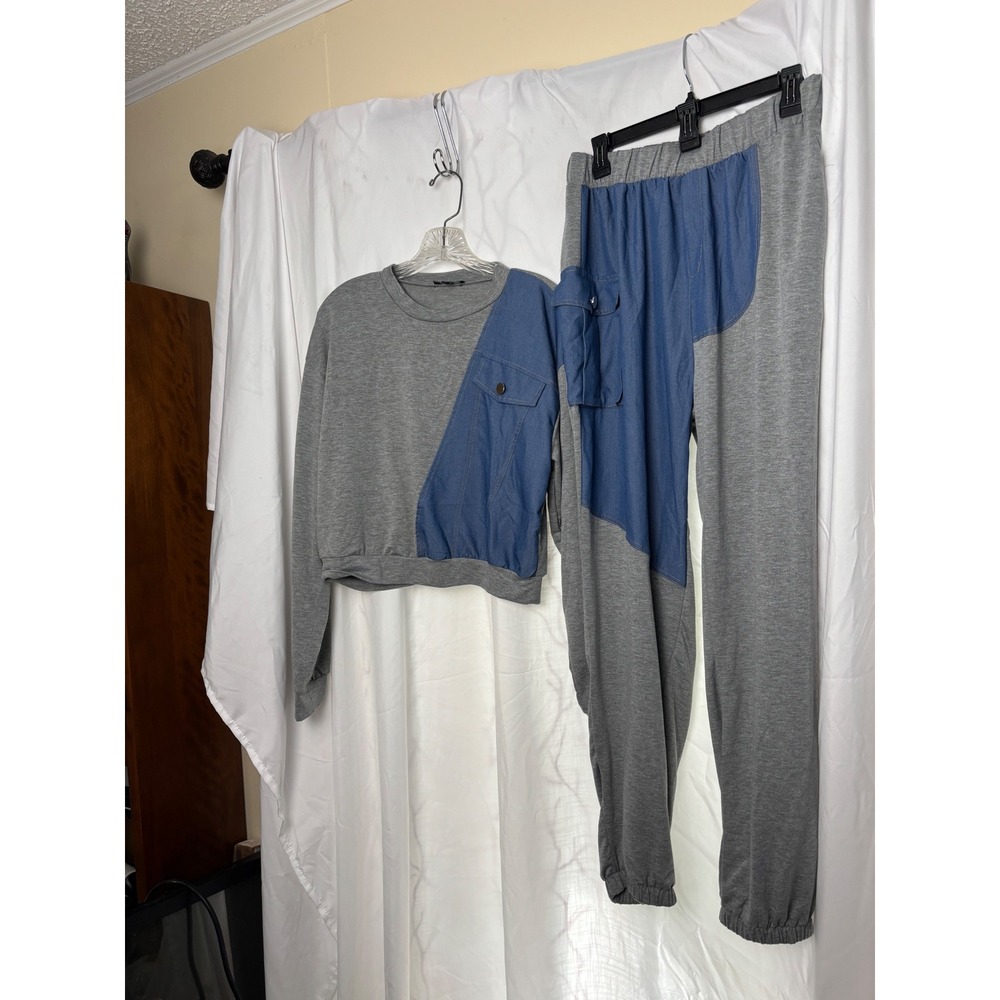 Julia by Love J Womens Grey Mixed Media Denim Patch Sweatshirt Jogger Set L